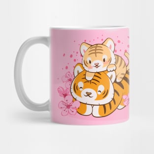 Cute Baby Tiger and Mom with Pastel Pink Sakura Flower Kawaii Aesthetic Mug